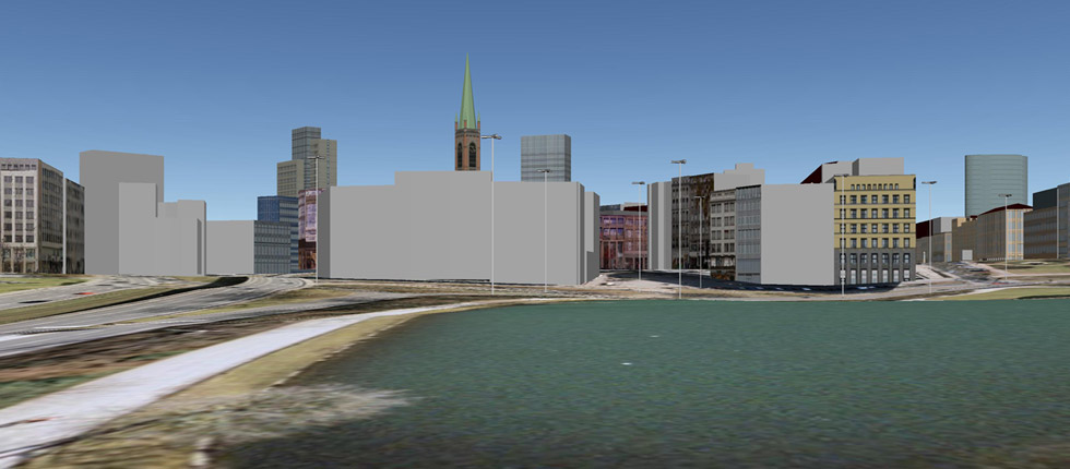 Der Hofgarten, Blick auf den Jan-Wellem-Platz, Google-Earth-Simulation